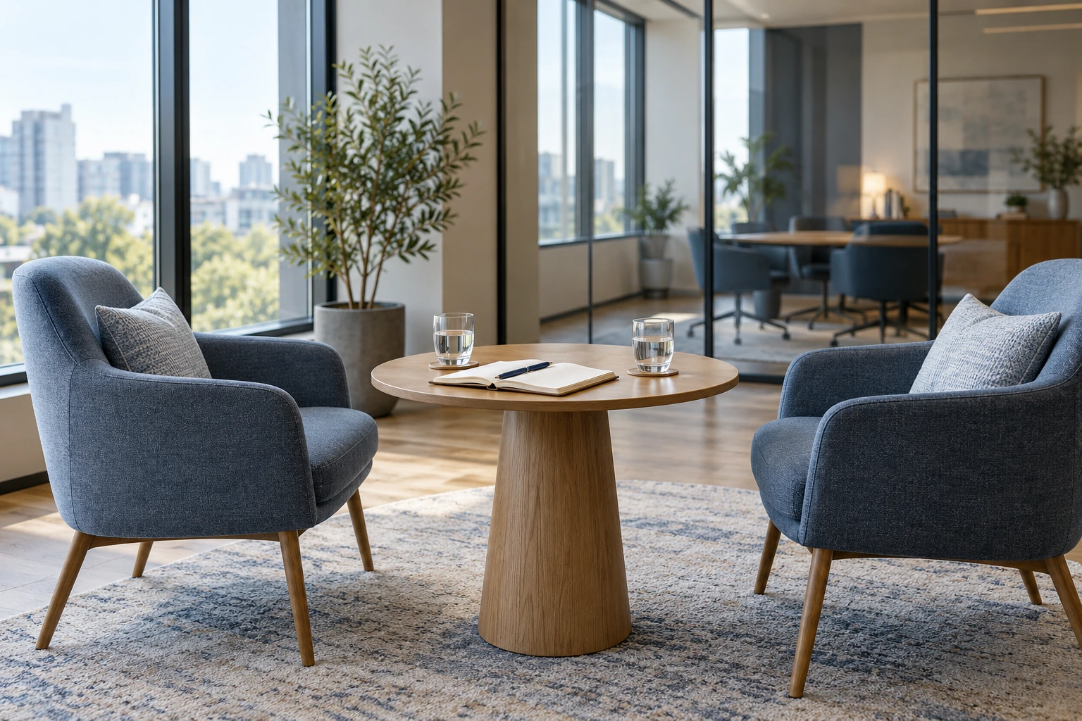 Ambiente ilustrativo de consultoria, com poltronas e uma mesa preparada para conversa, sem pessoas